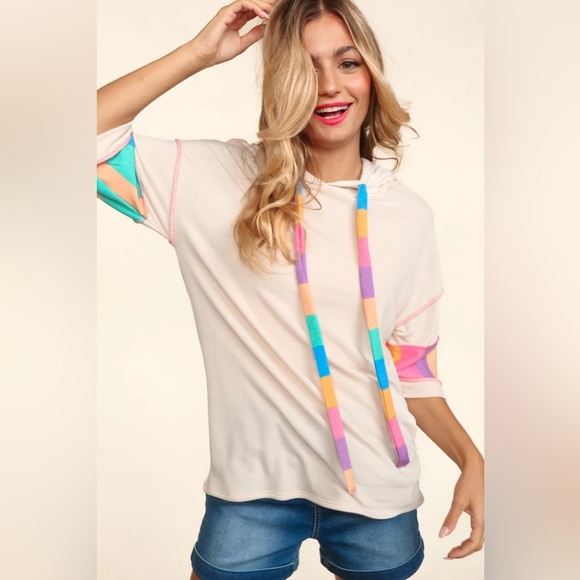 Haptics by Holly Harper MULTICOLOR STRIPE PRINT FRENCH TERRY PULLOVER HOODIE - Picture 2 of 7